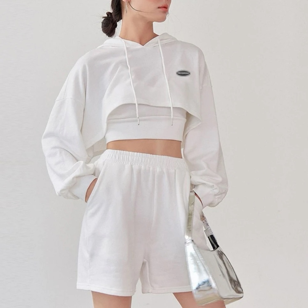100% cotton white cropped hoodie shorts two piece gym set